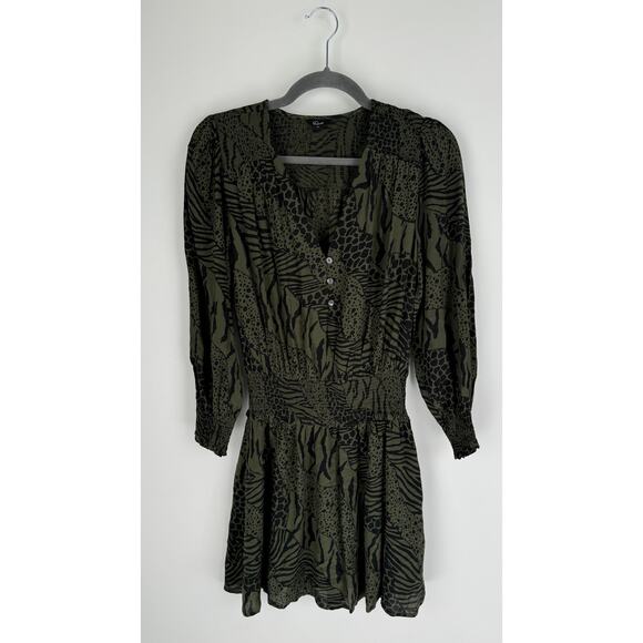 Rails Zana Mini Olive Mixed Animal Stripe Dress Womens XS Long Sleeve V Neck - Picture 9 of 15